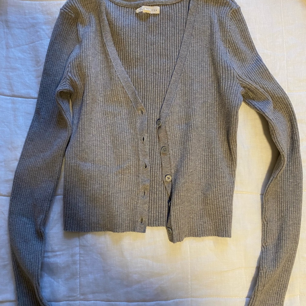Gray Ribbed Women's Cardigan Sweater